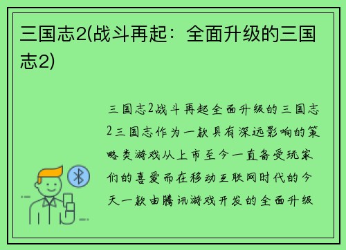 三国志2(战斗再起：全面升级的三国志2)
